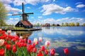 Colorful tulips and windmills on the lake in Holland, Landscape with tulips in Zaanse Schans, Netherlands, Europe, AI Generated