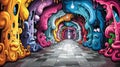 A colorful tunnel with many different colors and designs on the walls, AI