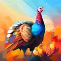 Colorful and turkey with geometric watercolor figures. Turkey as the main dish of thanksgiving for the harvest