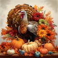 Colorful turkey, surrounded by flowers, sunflowers, pumpkins, garlic. Turkey as the main dish of thanksgiving for the harvest