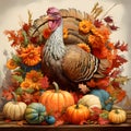 Colorful turkey, surrounded by flowers, sunflowers, pumpkins, garlic. Turkey as the main dish of thanksgiving for the harvest