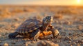 Golden Hour Turtle on Sandy Beach: Majestic Reptile at Sunset Royalty Free Stock Photo