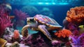 Colorful Turtle Swimming Among Vibrant Corals In Photo-realistic Aquarium