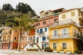 Colorful two-story mansions in Parga town in Epirus, northwestern Greece on the Ionian coast in spring Royalty Free Stock Photo