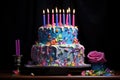 Colorful two-tiered birthday cake with candles, decorated with flowers. Black background. Party mood. AI Generated