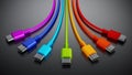 Colorful type C usb cables on dark background. 3D illustration