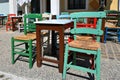 Colorful typical chairs at traditional Greek tavern