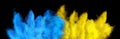 Colorful ukrainan flag yellow blue color holi paint powder explosion isolated black background. russia ukraine conflict war Royalty Free Stock Photo