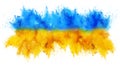 Colorful ukrainan flag yellow blue color holi paint powder explosion isolated white background. russia ukraine conflict war Royalty Free Stock Photo