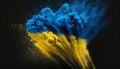 colorful ukrainian flag yellow-blue paint holi powder explosion. russia ukraine military conflict concept freedom.