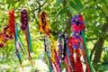 Colorful Ukrainian hairbands hanging tree landscape Royalty Free Stock Photo