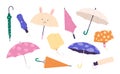 Colorful umbrella collection, shelter rainy seasons. Modern and vintage umbrellas, closed and open fashion accessories