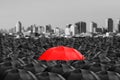 Colorful umbrella in mass of black umbrellas.