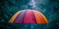 A Colorful Umbrella Shielding Against Raindrops In A Gloomy Setting, Copy Space