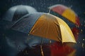 Colorful umbrella shields against raindrops falling from gray clouds