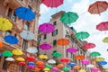 Colorful umbrellas background with blue sky in the city street decoration, Hanging Colorful umbrella in street decoration, Street Royalty Free Stock Photo