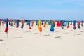 Colorful umbrellas on the beach of Deauville France.