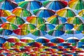 Colorful Umbrellas Blue, Green, Red, Rainbow Umbrellas Background Street With Umbrellasin The Sky Street Decoration