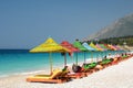 Colorful umbrellas at Dhermi beach. Vlore county. Albania Royalty Free Stock Photo