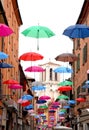 Colorful umbrellas flying in Ferrara