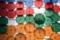 Colorful umbrellas hanging on the ceiling as decoration