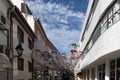 Colorful umbrellas hung over the streets of Agueda, Portugal