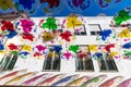 Colorful umbrellas hung over the streets of Agueda, Portugal