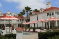 Colorful umbrellas and lounge chairs surrounding outdoor pool, Hotel del Coronado, California, 2016 Royalty Free Stock Photo