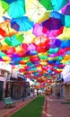 Colorful umbrellas over street in Agueda