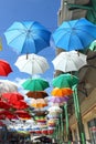 Colorful umbrellas overhead