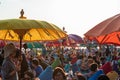 Colorful umbrellas and people enjoying the party life in bali august 1 2019 Royalty Free Stock Photo