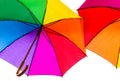 Colorful umbrellas. Rainbow colors. Protection against rain. Open umbrellas under the roof. Royalty Free Stock Photo