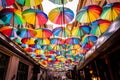 Colorful umbrellas in the sky of Bucharest Royalty Free Stock Photo