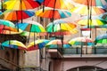 Colorful umbrellas in the sky of Bucharest Royalty Free Stock Photo