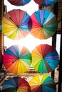 Colorful umbrellas in the sky of Bucharest Royalty Free Stock Photo