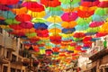 Colorful umbrellas in the street. Agueda, Portugal