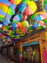 Colorful umbrellas on the street in Karakoy district in Istanbul, Turkey. Summer sunny day