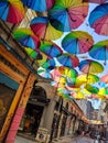 Colorful umbrellas on the street in Karakoy district in Istanbul, Turkey. Summer sunny day