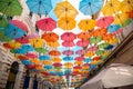 Colorful umbrellas street Strada Alba Iulia in Timisoara, Romania