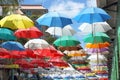 Colorful umbrellas suspended overhead