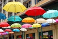 Colorful umbrellas suspended overhead, Le Caudan Waterfront, Mauritius