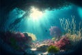 Colorful underwater landscape with corals, stones and beautiful blue water and bright sun rays and glare.