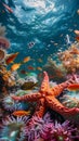 Colorful underwater scene with starfish surrounded by tropical fish and coral reef Royalty Free Stock Photo