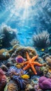 Colorful underwater scene with starfish surrounded by tropical fish and coral reef Royalty Free Stock Photo