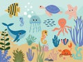 Colorful underwater world with whales and starfish swimming with an octopus amongst the seaweed and rocks, vector Royalty Free Stock Photo