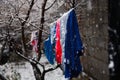 Underwear hanging on a clothesline in winter in the cold