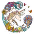 Colorful unicorn with foal and flowers vector