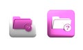 Colorful Unknown directory icon isolated on white background. Magnifying glass and folder. Square button. 3D render