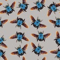 Colorful unusual blue bumblebee background, seamless unusual pattern, nature concept, many blue bee