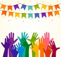 Colorful up hands. Vector illustration, an association, unity, partners, company, friendship, friends background Volunteers celebr